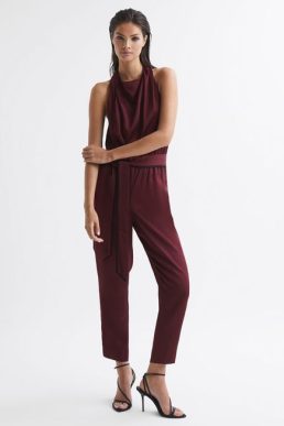 Reiss Frida Bow-Back Jumpsuit Burgundy