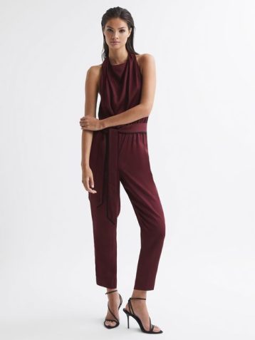 Reiss Frida Bow-Back Jumpsuit Burgundy