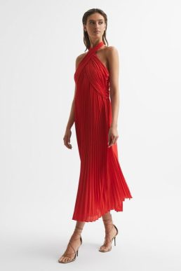 Reiss Roya Halter Neck Pleat Midi Dress Red