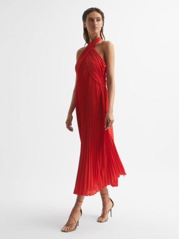 Reiss Roya Halter Neck Pleat Midi Dress Red