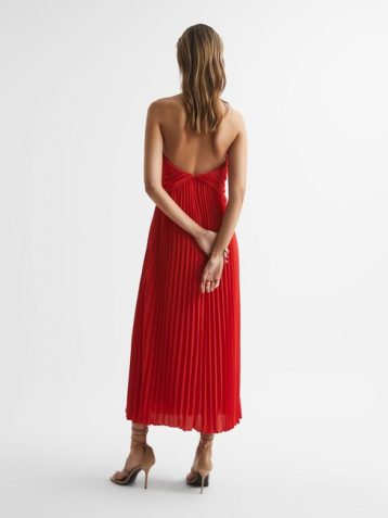 Reiss Roya Halter Neck Pleat Midi Dress Red