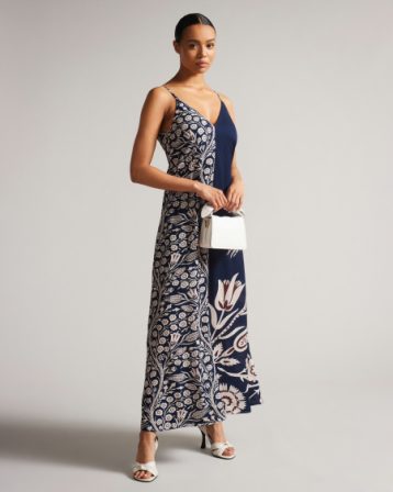 Ted Baker Lucyle Strappy V Neck Maxi Dress Dark Navy White