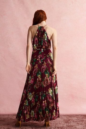 Coast Alexandra Gallagher Mega Pleat Halter Dress Merlot Multi