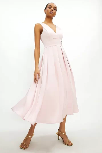 Coast Full Skirted Satin Midi Dress Light Pink Blush