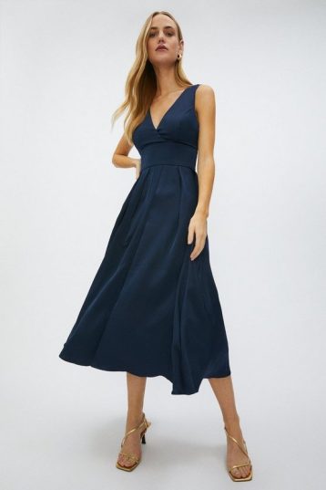 Coast Full Skirted Satin Midi Dress Navy Blue