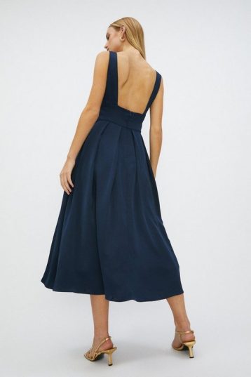 Coast Full Skirted Satin Midi Dress Navy Blue