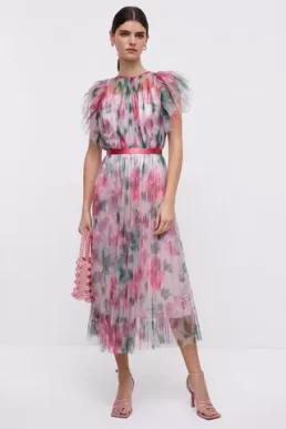 Coast Lace Mesh Printed Dress With Pleated Skirt Pink Blush