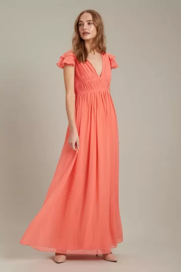 Dorothy Perkins Angel Sleeve Chiffon Maxi​ Bridesmaid Dress Coral Orange