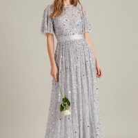Dorothy Perkins Embellished Flutter Sleeve Maxi Bridesmaid Dress Silver