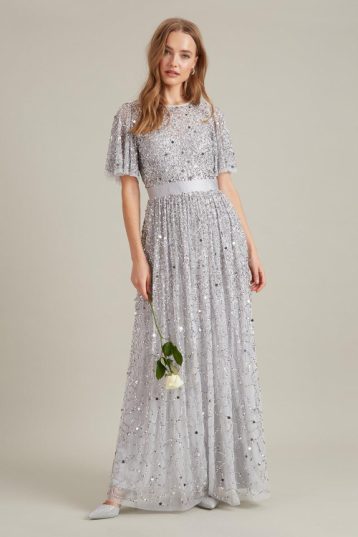 Dorothy Perkins Embellished Flutter Sleeve Maxi Bridesmaid Dress Silver