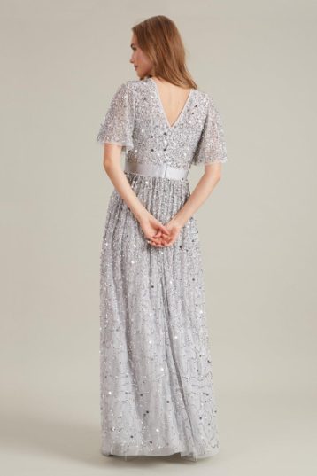 Dorothy Perkins Embellished Flutter Sleeve Maxi Bridesmaid Dress Silver