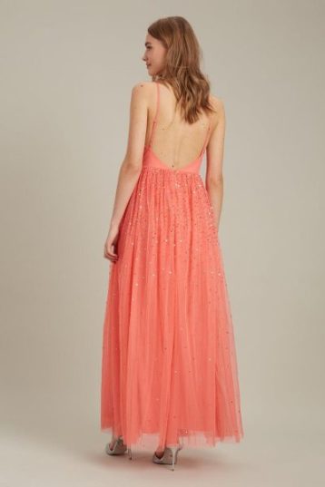 Dorothy Perkins Embellished Strappy Tulle Maxi ​Bridesmaid Dress Coral Orange