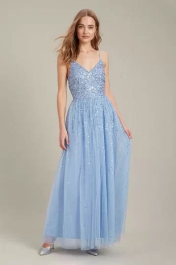 Dorothy Perkins Embellished Strappy Tulle Maxi ​Bridesmaid Dress Light Blue