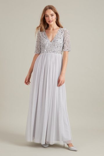 Dorothy Perkins Embellished V Neck Bridesmaid Maxi Dress Silver