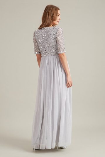 Dorothy Perkins Embellished V Neck Bridesmaid Maxi Dress Silver