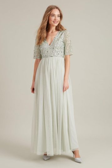 Dorothy Perkins Embellished V Neck Maxi Bridesmaid Dress Sage Light Green