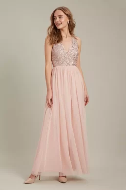 Dorothy Perkins Embellished V Neck Tulle Maxi Bridesmaid Dress Blush Pink