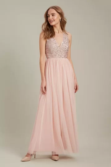 Dorothy Perkins Embellished V Neck Tulle Maxi Bridesmaid Dress Blush Pink