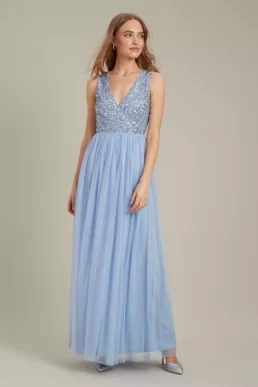 Dorothy Perkins Embellished V Neck Tulle Maxi Bridesmaid Dress Light Blue