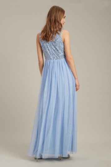 Dorothy Perkins Embellished V Neck Tulle Maxi Bridesmaid Dress Light Blue