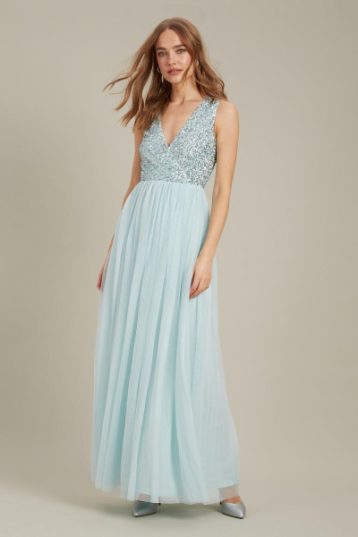 Dorothy Perkins Embellished V Neck Tulle Maxi Bridesmaid Dress Mint Green