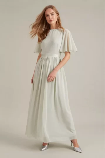 Dorothy Perkins Flutter Sleeve Chiffon Maxi Bridesmaid Dress, Sage Light Green