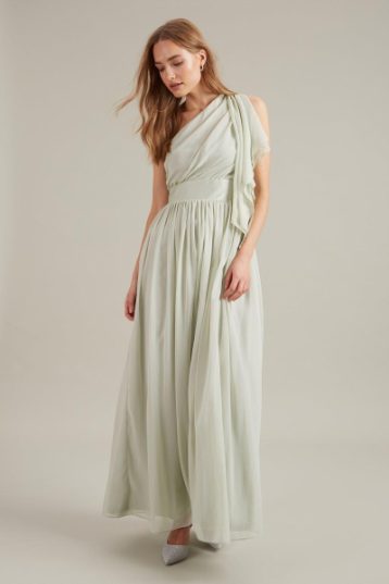 Dorothy Perkins One Shoulder Chiffon Maxi Bridesmaid Dress Sage Green