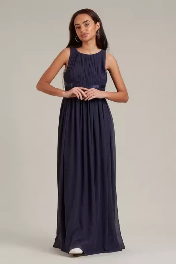 Dorothy Perkins Petite Satin Cross Waist Chiffon Maxi Bridesmaid Dress Navy Blue