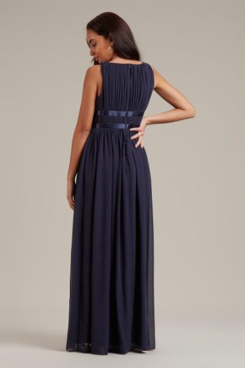 Dorothy Perkins Petite Satin Cross Waist Chiffon Maxi Bridesmaid Dress Navy Blue