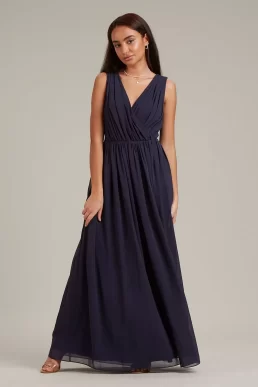 Dorothy Perkins Petite Sleeveless Wrap Chiffon Maxi Bridesmaid Dress Navy Blue