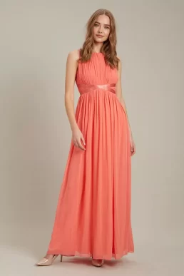 Dorothy Perkins Satin Cross Waist Chiffon Maxi Bridesmaid​ Dress Coral Orange