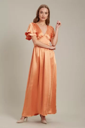 Dorothy Perkins Satin Frill Sleeve Maxi Bridesmaid Dress Orange