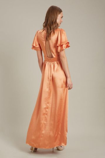 Dorothy Perkins Satin Frill Sleeve Maxi Bridesmaid Dress Orange