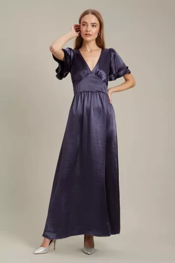 Dorothy Perkins Satin Frill Sleeve Maxi Bridesmaid Dress Navy blue