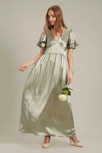 Dorothy Perkins Satin Frill Sleeve Maxi Bridesmaid Dress Sage Light Green