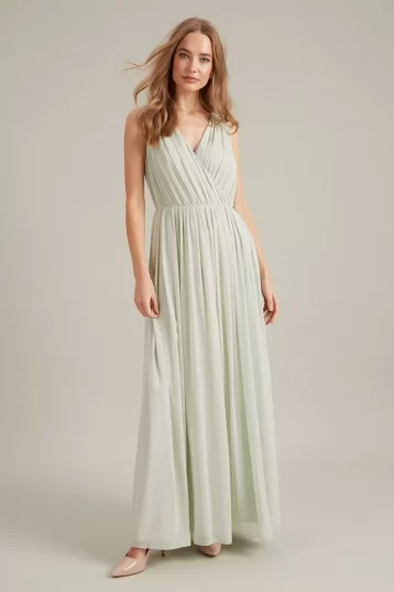 Dorothy Perkins Sleeveless Wrap Chiffon Maxi Bridesmaid Dress Sage Light Green