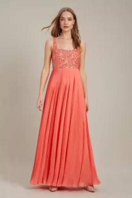 Dorothy Perkins Square Neck Embellished maxi Dress Coral