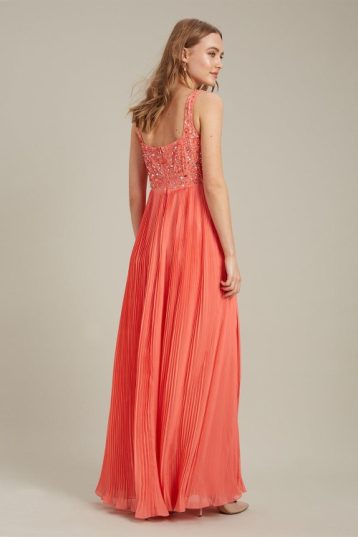 Dorothy Perkins Square Neck Embellished Pleated Maxi ​Bridesmaid Dress Coral Orange