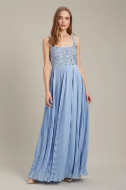 Dorothy Perkins Square Neck Embellished Pleated Maxi ​Bridesmaid Dress Light Blue