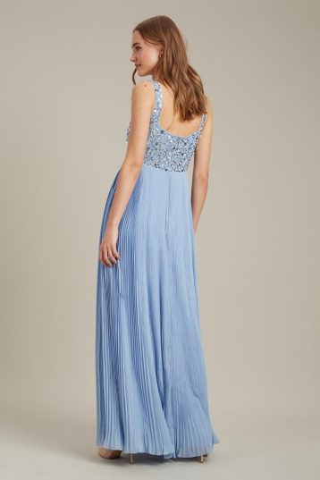 Dorothy Perkins Square Neck Embellished Pleated Maxi ​Bridesmaid Dress Light Blue