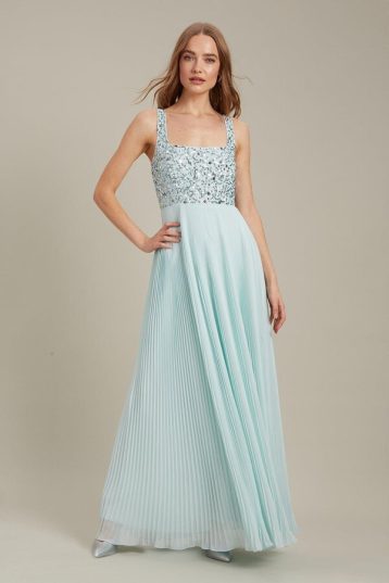 Dorothy Perkins Square Neck Embellished Pleated Maxi ​Bridesmaid Dress Mint Green