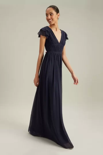 Dorothy Perkins Tall Angel Sleeve Pleated Chiffon Maxi Dress Navy Blue