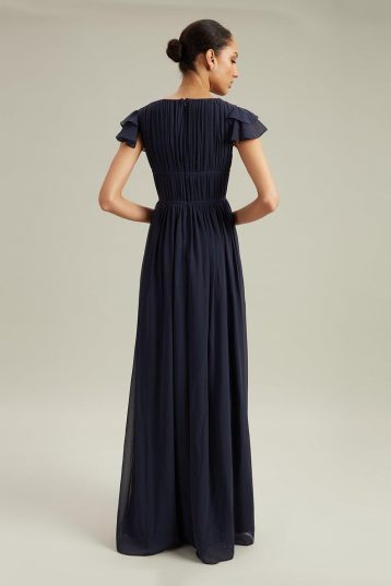 Dorothy Perkins Tall Angel Sleeve Pleated Chiffon Maxi Dress Navy Blue