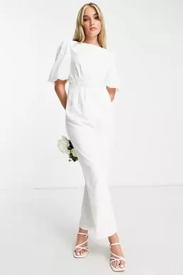 Hope & Ivy Bridal puff sleeve bow back jumpsuit in ivory