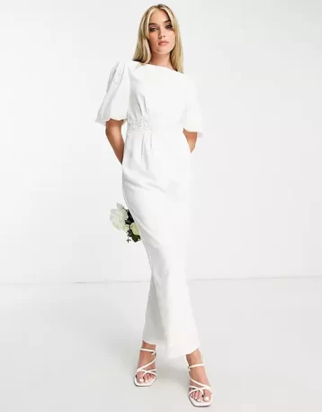 Hope & Ivy Bridal puff sleeve bow back jumpsuit in ivory