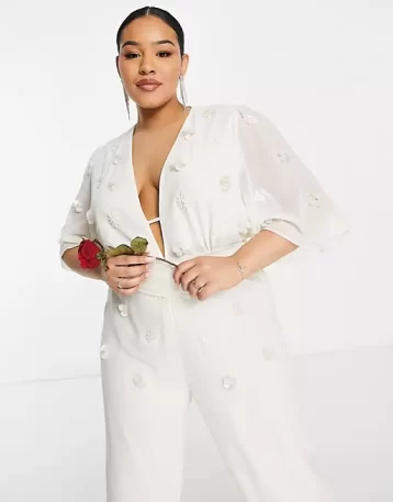 Hope & Ivy Plus Bridal embroidered plunge jumpsuit in ivory