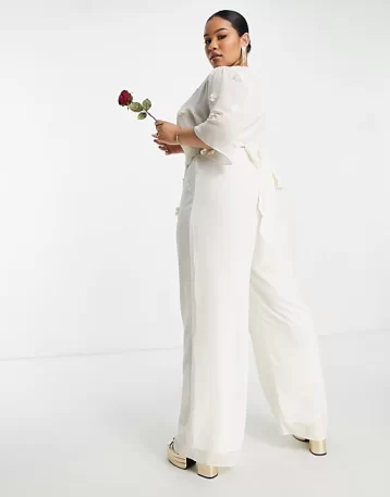 Hope & Ivy Plus Bridal embroidered plunge jumpsuit in ivory