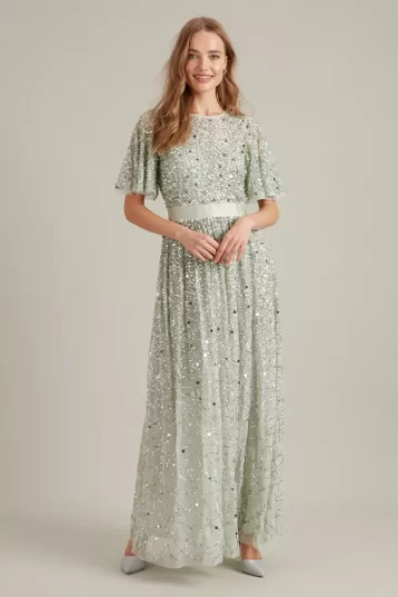 Dorothy Perkins Embellished Flutter Sleeve Maxi Dress Green