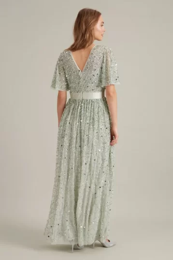 Dorothy Perkins Embellished Flutter Sleeve Maxi Dress Sage Light Green