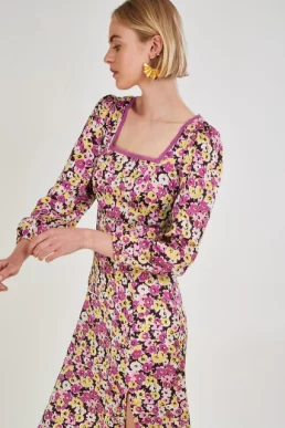 Monsoon Daria long sleeve midi dress with polyester pink multi